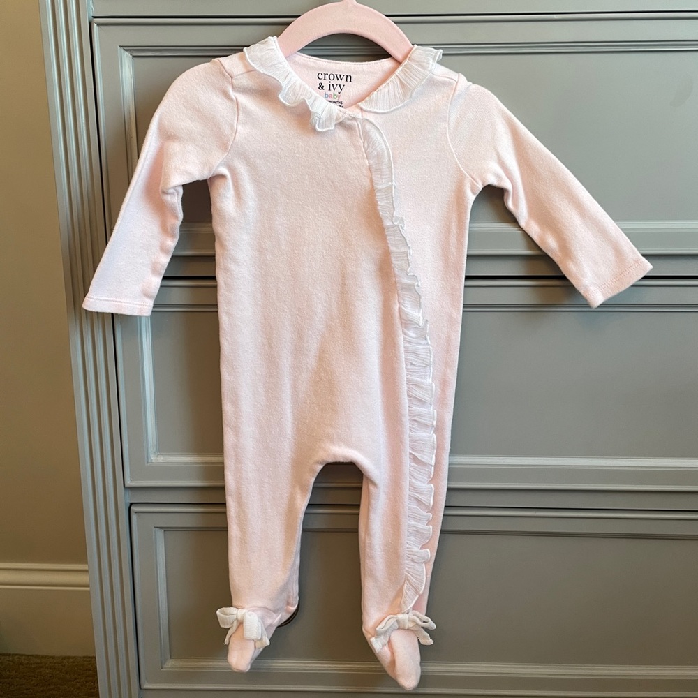 Crown & Ivy Pink Ruffle Trim Footed Onesie, 3-6 Months